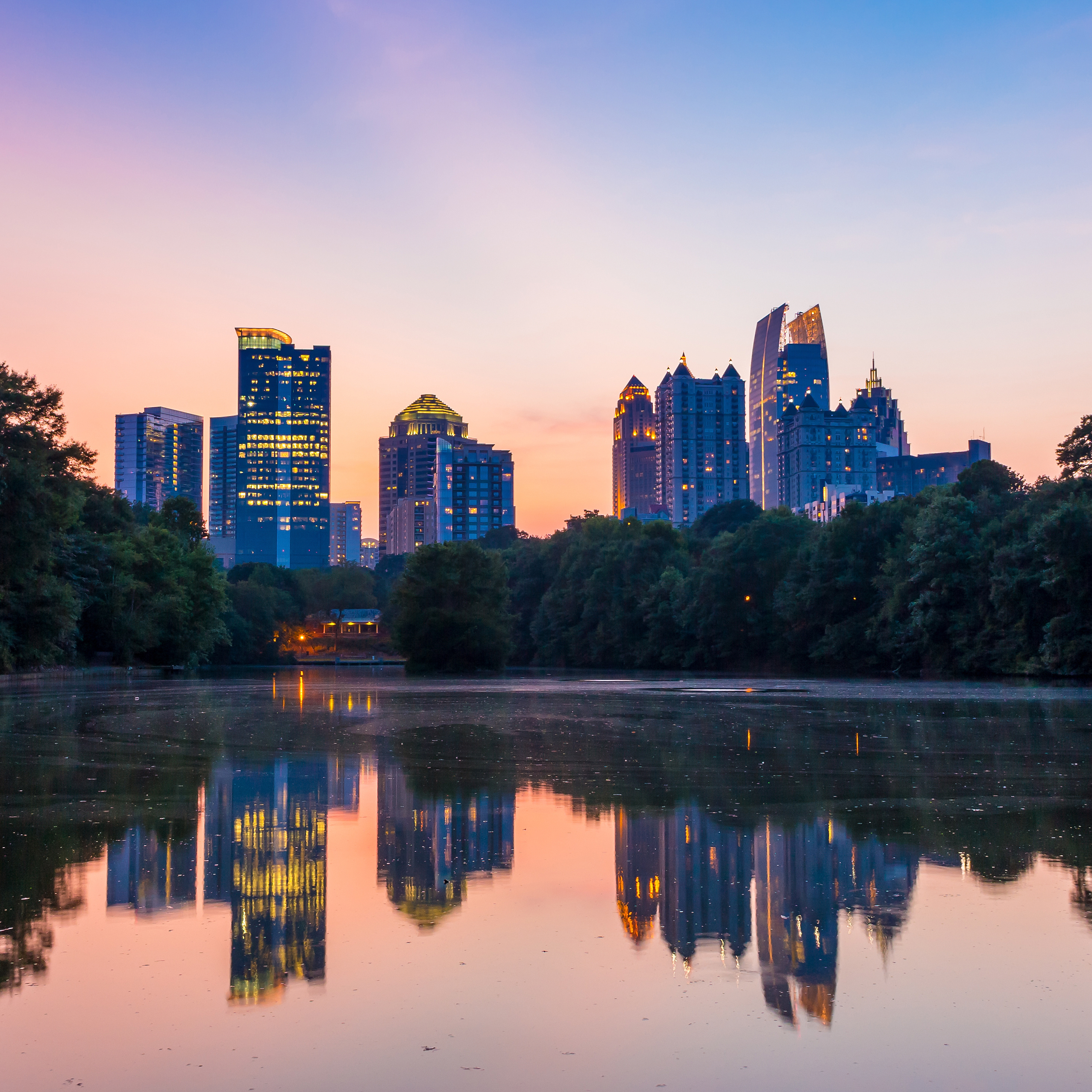 Atlanta skyline from piedmont park lake