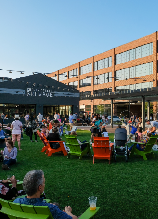 People enjoying the Halcyon courtyard